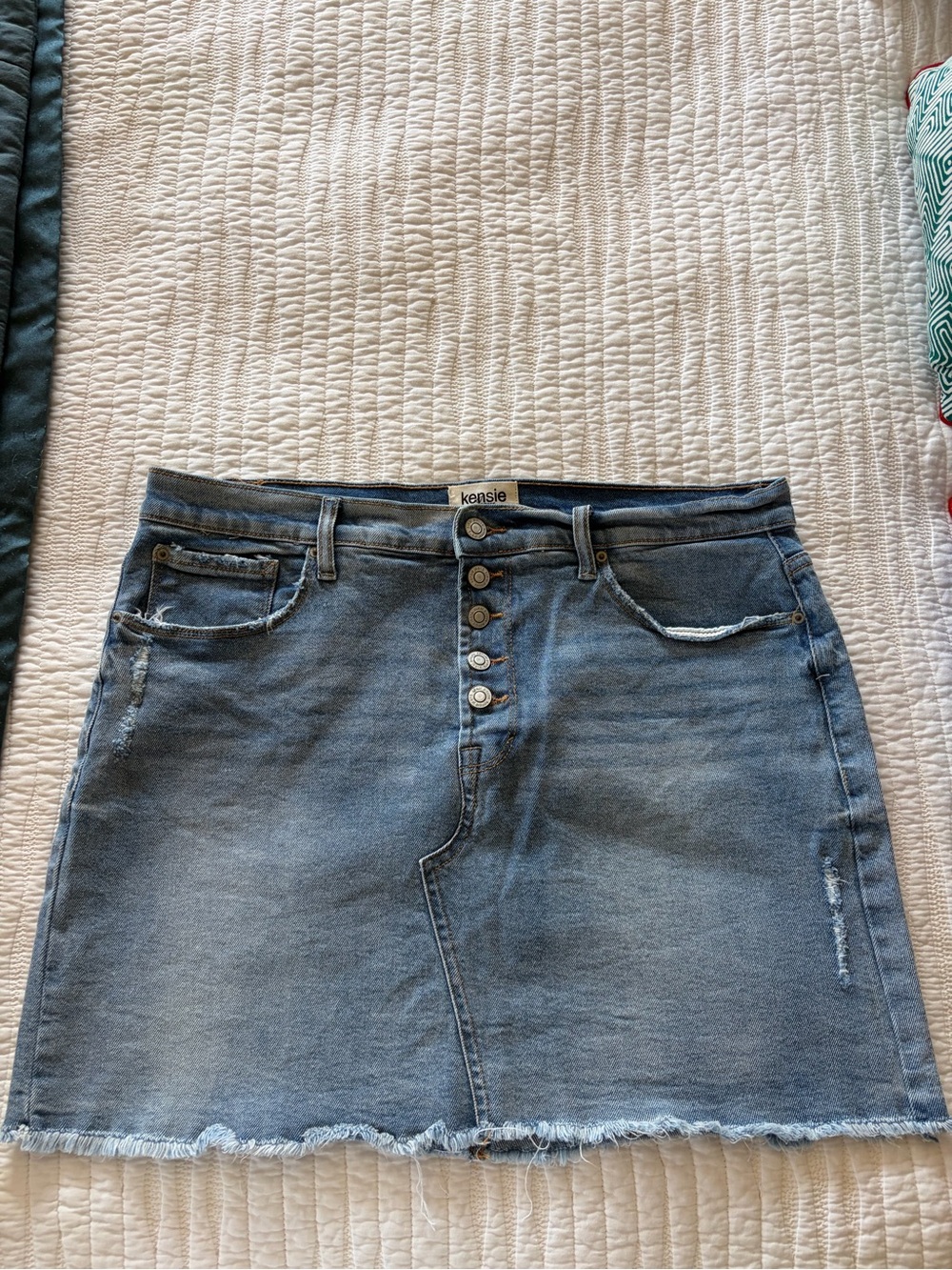 Kensie Light Blue Distressed Denim Mini Skirt